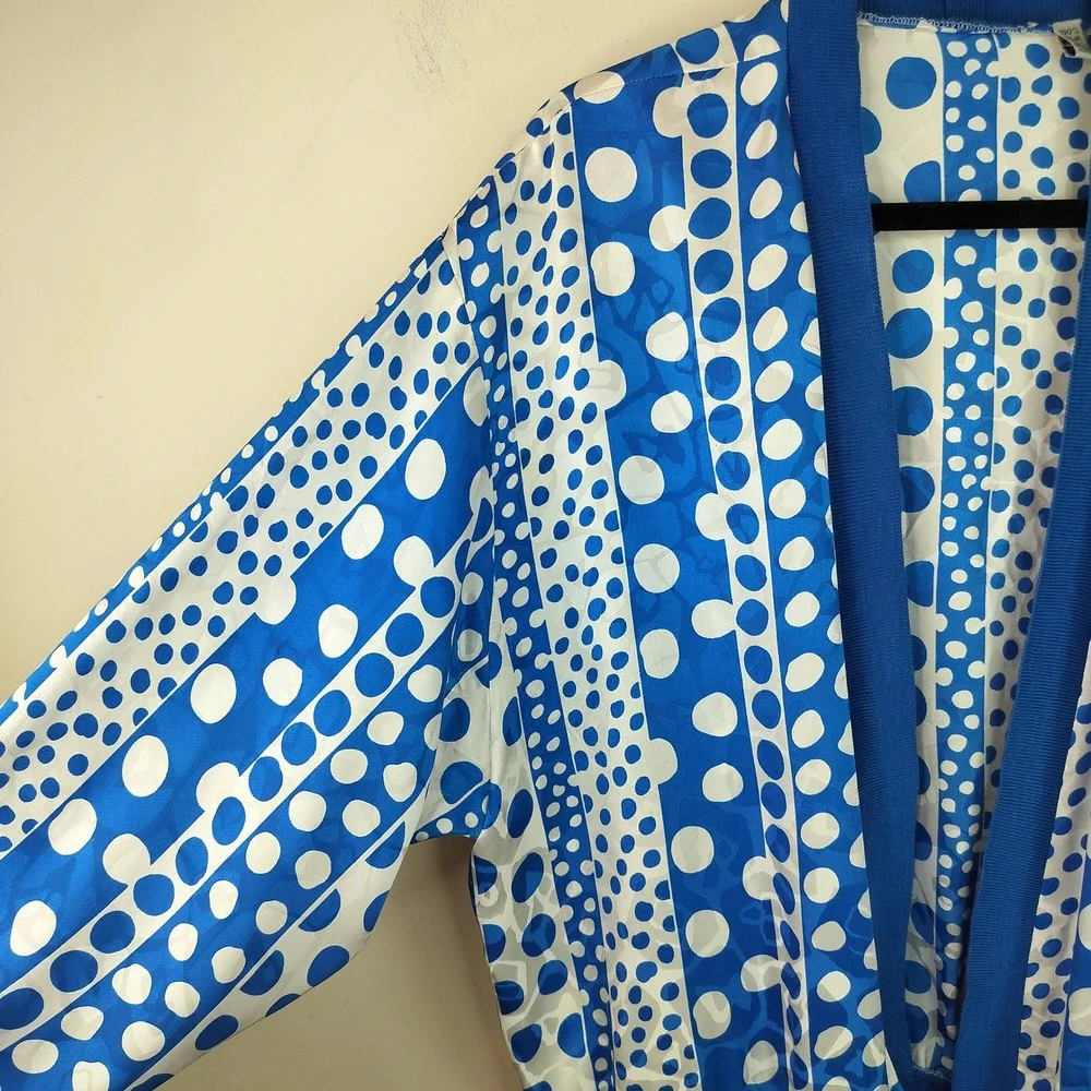 Vintage Polka Dot Silk Cardigan 16 Womens Balloon Sleeve Ribbed Cuff Blue Bold